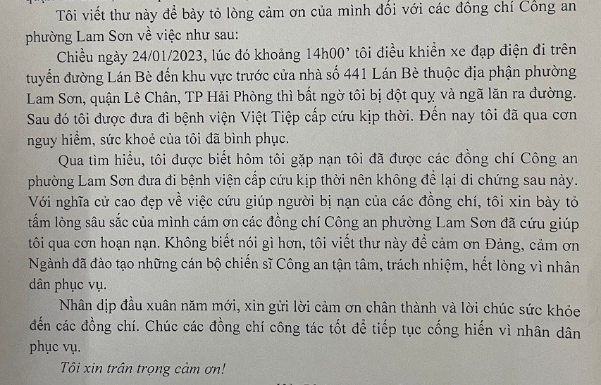 Công an phường Lam Sơn (quận Lê Chân) nhận được Thư cảm ơn của người dân